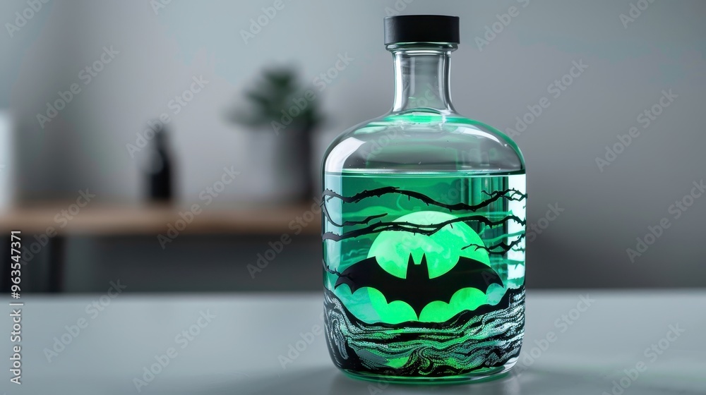 bottle with an intricate bat and moon design, glowing green liquid inside, beautiful and unique, perfect for display bottle with an intricate bat and moon design, glowing green liquid inside, beautiful and unique, perfect for display