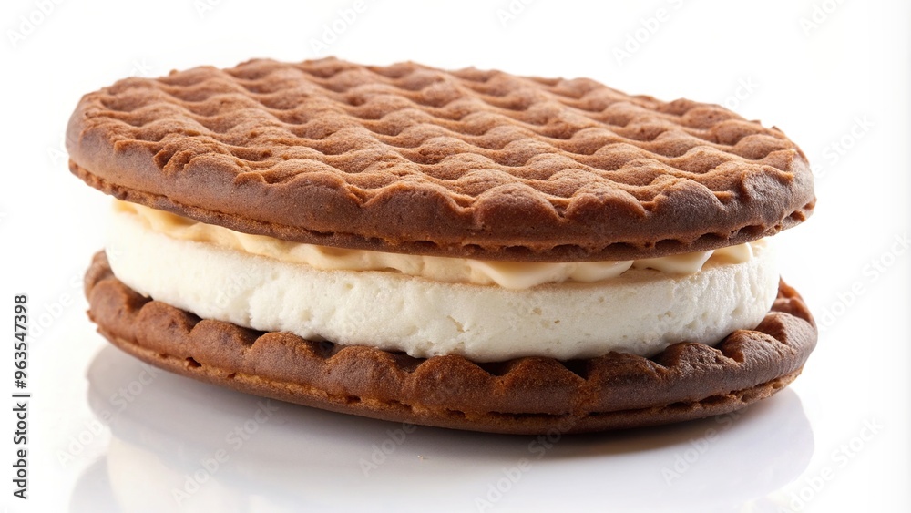 Progression of an unwrapped chocolate and vanilla ice cream cookie sandwich being slowly tilted to reveal the eaten wafer isolated over a white background, chocolate, isolated Progression of an unwrapped chocolate and vanilla ice cream cookie sandwich being slowly tilted to reveal the eaten wafer isolated over a white background, chocolate, isolated
