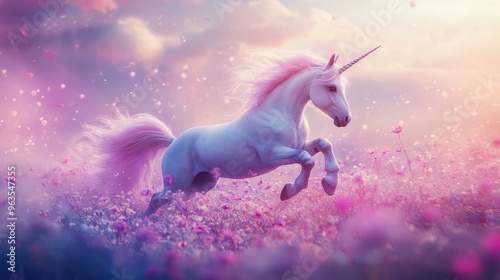 A white unicorn with a pink mane leaps through a field of pink flowers at sunset.