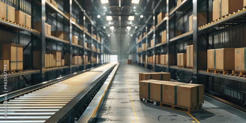 Obraz premium Automated warehouse with conveyor belt transporting cardboard boxes, logistics and shipping concept. AI generated illustration.