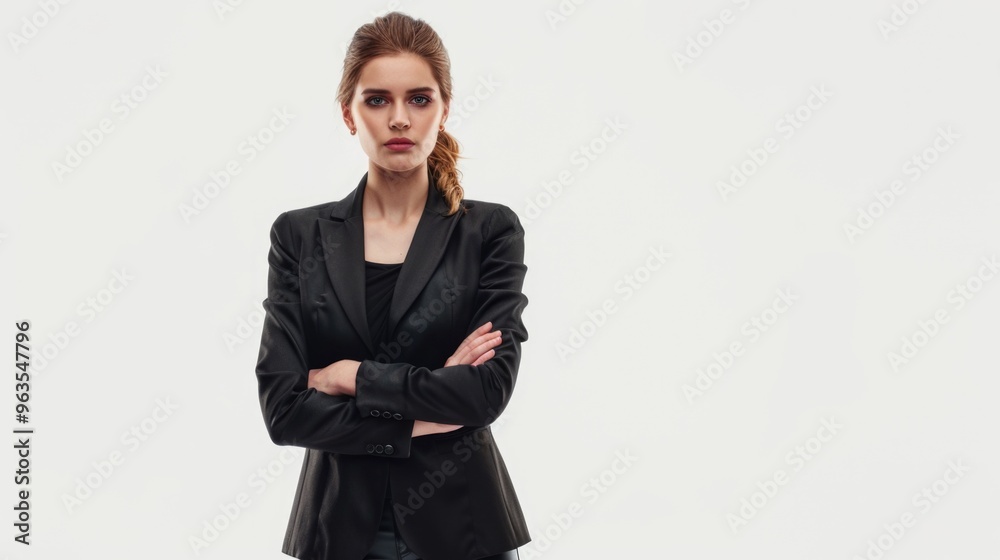 A woman in a black suit is standing with her arms crossed. She has a serious expression on her face A woman in a black suit is standing with her arms crossed. She has a serious expression on her face