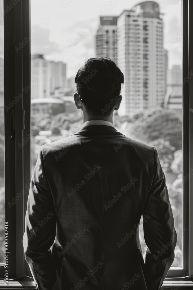A man in a suit is looking out a window. Concept of loneliness and isolation, as the man is alone in his office and looking out at the city