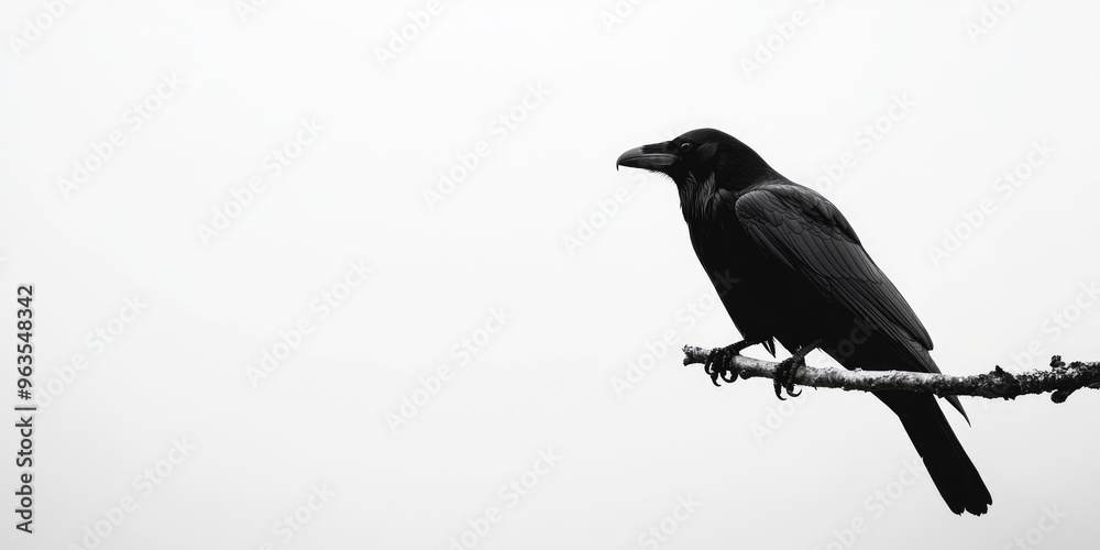 Fototapeta premium Black raven on a branch on white background with copy space, concept of mystery and nature. AI generated illustration.