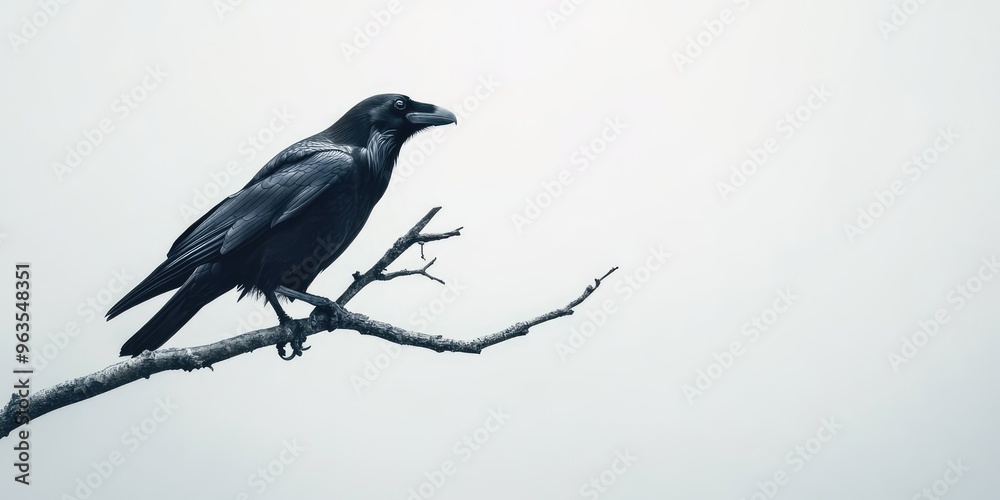 Obraz premium Black raven on a branch on white background with copy space, concept of mystery and nature. AI generated illustration.