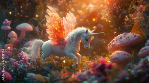 Fototapeta Naklejka Na Ścianę i Meble -  A white winged unicorn stands in a magical forest with pink mushrooms and glowing flowers.