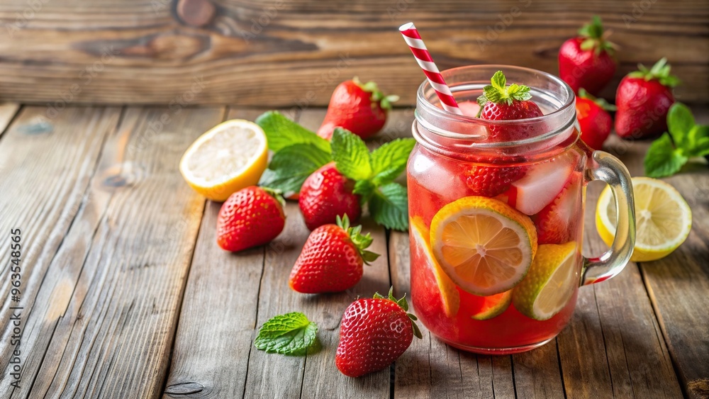fresh,refreshing, macro, A refreshing strawberry lemonade is displayed in a mason jar against a rustic wood background with a macro focus to accentuate the details of the drink fresh,refreshing, macro, A refreshing strawberry lemonade is displayed in a mason jar against a rustic wood background with a macro focus to accentuate the details of the drink