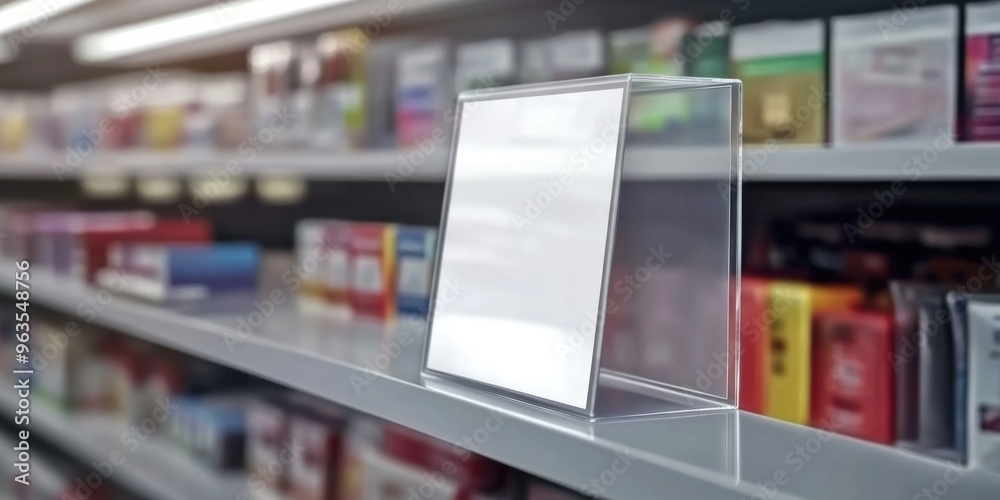 A clear plastic box with a white sign on it sits on a shelf in a store. Concept of emptiness and lack of interest, as the box A clear plastic box with a white sign on it sits on a shelf in a store. Concept of emptiness and lack of interest, as the box