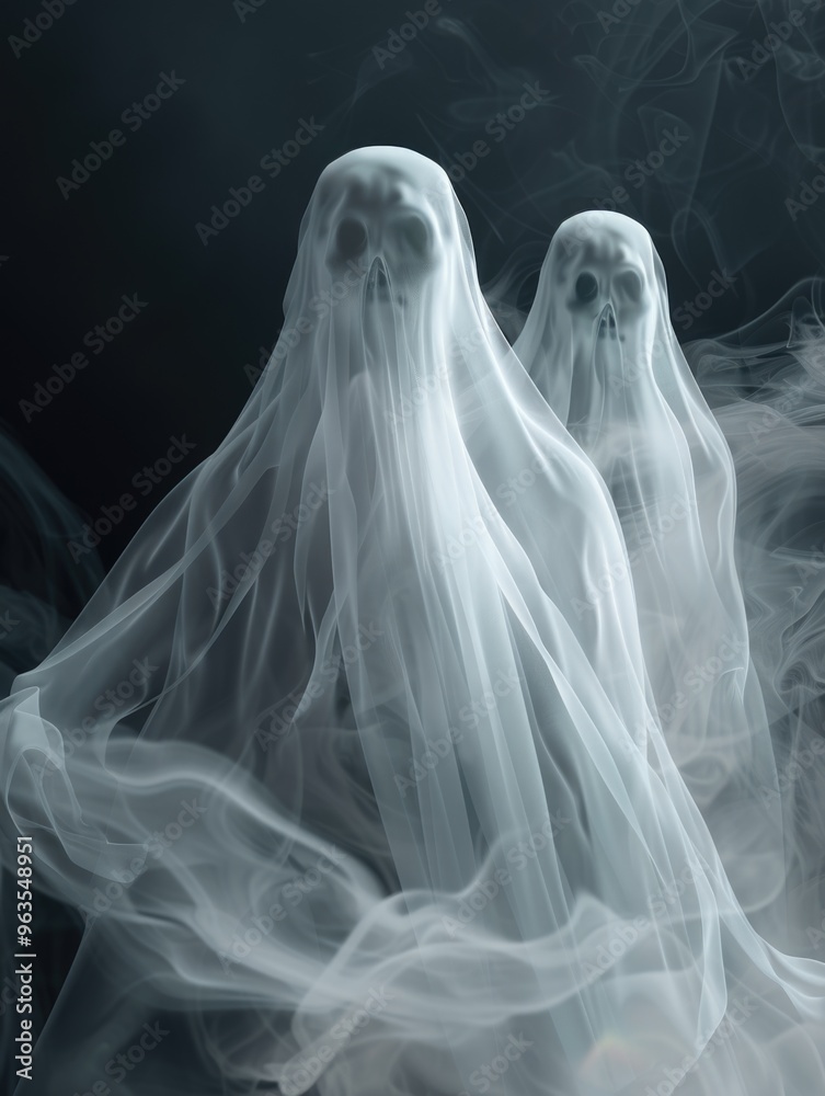 Two ghostly figures are standing in front of a cloud of smoke. The smoke is thick and dark, giving the scene a spooky and eerie atmosphere Two ghostly figures are standing in front of a cloud of smoke. The smoke is thick and dark, giving the scene a spooky and eerie atmosphere