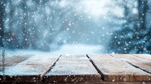 Snowy Wooden Table with Blurred Winter Background