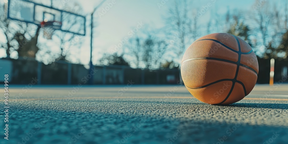 Close-up of basketball on court, low angle shot, concept of sports and competition. AI generated illustration Close-up of basketball on court, low angle shot, concept of sports and competition. AI generated illustration