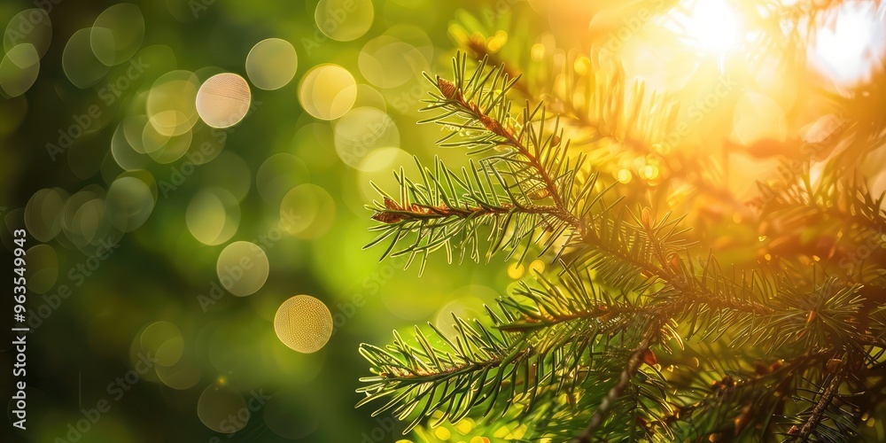 Close-up of evergreen branches with sunlight. AI generated illustration Close-up of evergreen branches with sunlight. AI generated illustration