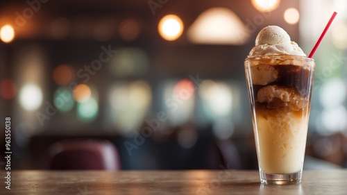 Vintage Diner Style Ice Cream Float with Cola and Vanilla Topping.