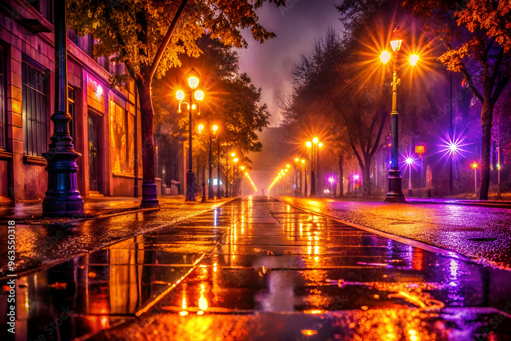 The street is lit up with colorful lights, creating a warm and inviting atmosphere. The wet pavement reflects the lights, adding a sense of depth and movement to the scene The street is lit up with colorful lights, creating a warm and inviting atmosphere. The wet pavement reflects the lights, adding a sense of depth and movement to the scene