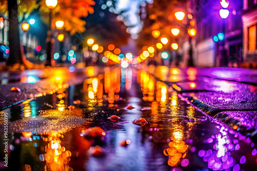 A blurry image of a city street with a reflection of a tree in the water. The street is lit up with colorful lights, creating a vibrant and lively atmosphere