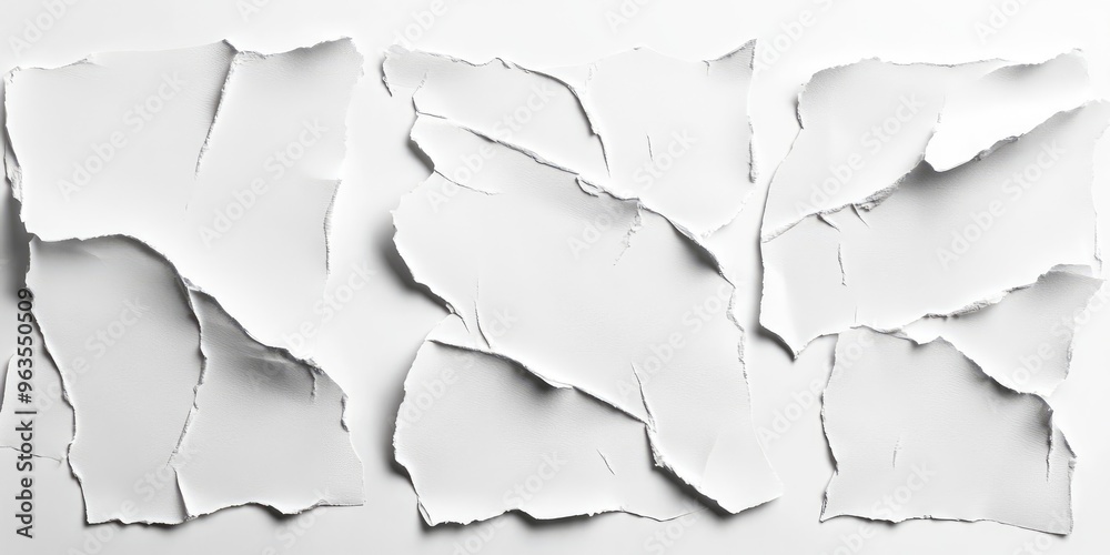 Collection of torn paper pieces with textured edges, white background. AI generated illustration Collection of torn paper pieces with textured edges, white background. AI generated illustration