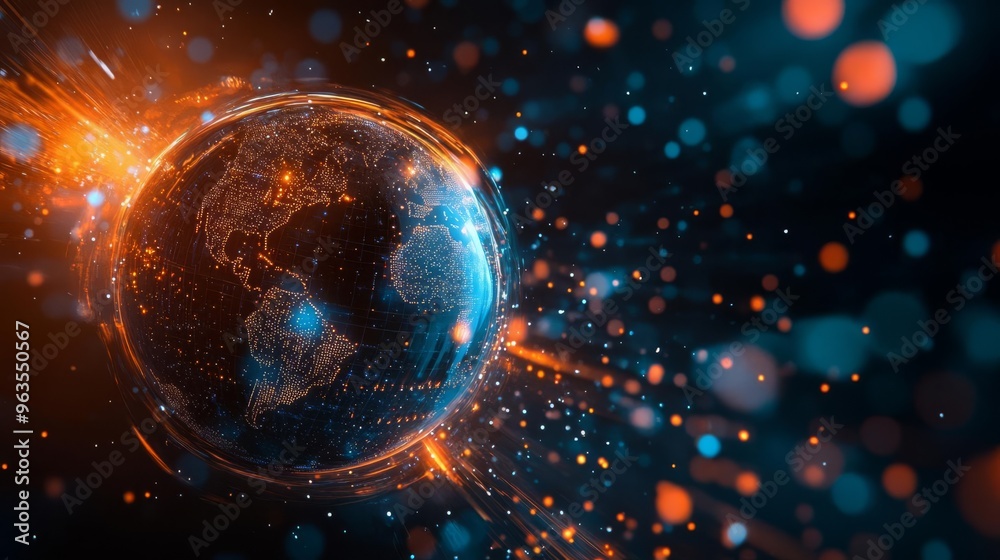 Digital 3D Globe with Dynamic Light Trails and Data Visualization
Digital 3D Globe with Dynamic Light Trails and Data Visualization