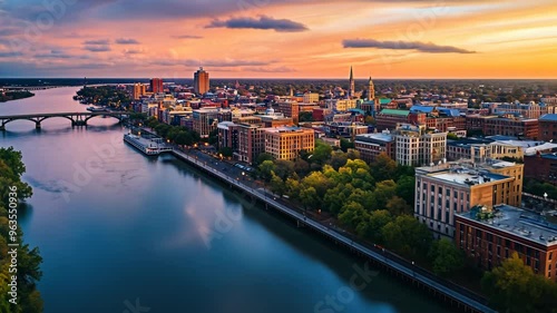 Wallpaper Mural Aerial view of the beautiful city skyline along the river at sunset in downtown Augusta, Georgia Torontodigital.ca