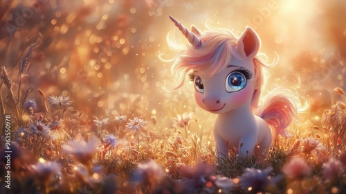 Cute unicorn in a field of flowers with a bokeh effect.