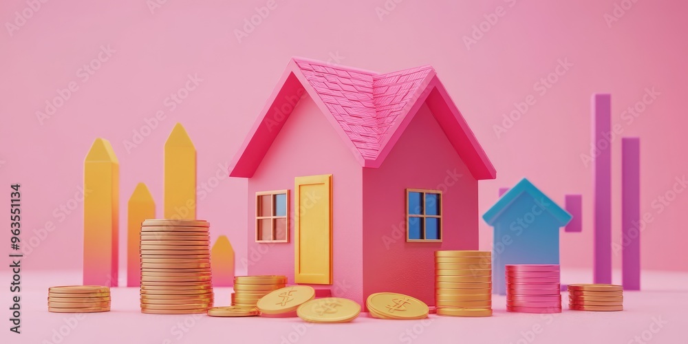 Colorful house, stacks of coins, and an upward graph on a pink background, representing real estate investment and financial growth. AI generated illustration Colorful house, stacks of coins, and an upward graph on a pink background, representing real estate investment and financial growth. AI generated illustration