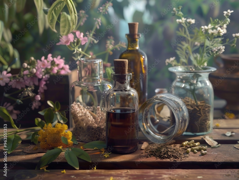 A table with several vases and bottles of herbs and flowers. The table is surrounded by plants and flowers, creating a natural and calming atmosphere A table with several vases and bottles of herbs and flowers. The table is surrounded by plants and flowers, creating a natural and calming atmosphere