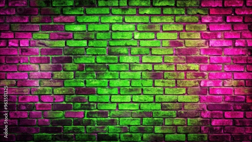 Grunge neon green and magenta brick wall texture with an architectural pattern