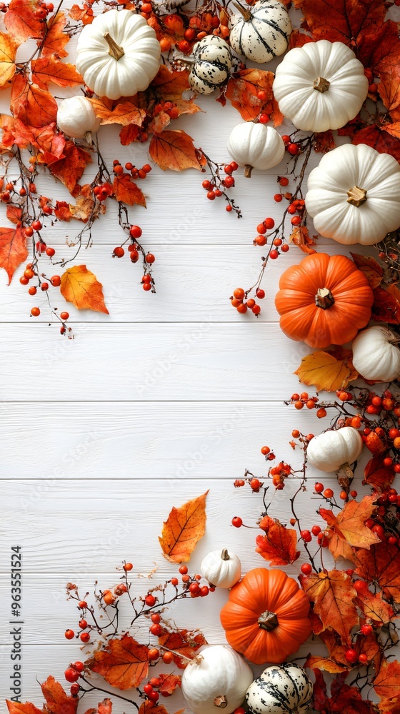 top view of pumpkins and leaves on rustic table top view of pumpkins and leaves on rustic table