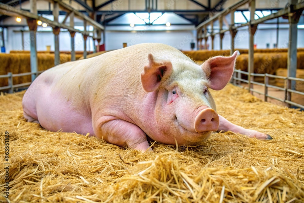 winner, large, big, minimalist, exhibition, event, farm, competition, champion, animal, clean, agriculture, hay, livestock, Very large pig lying on a bed of hay and straw at a pig show
