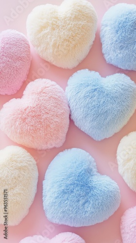 Pastel colored fluffy plush heart pillows arranged in a row on a soft pink background. Cute and cozy decoration concept.