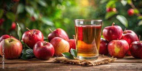 A medium shot of a glass filled with fresh apple juice surrounded by ripe red apples on a wooden table, delicious, healthy, orchard, agriculture, refreshment, natural, red apples