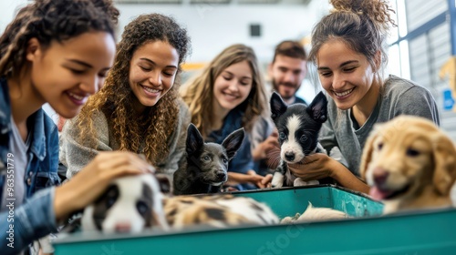 Wallpaper Mural A diverse group of friends volunteering at a local animal shelter, caring for the animals. Torontodigital.ca