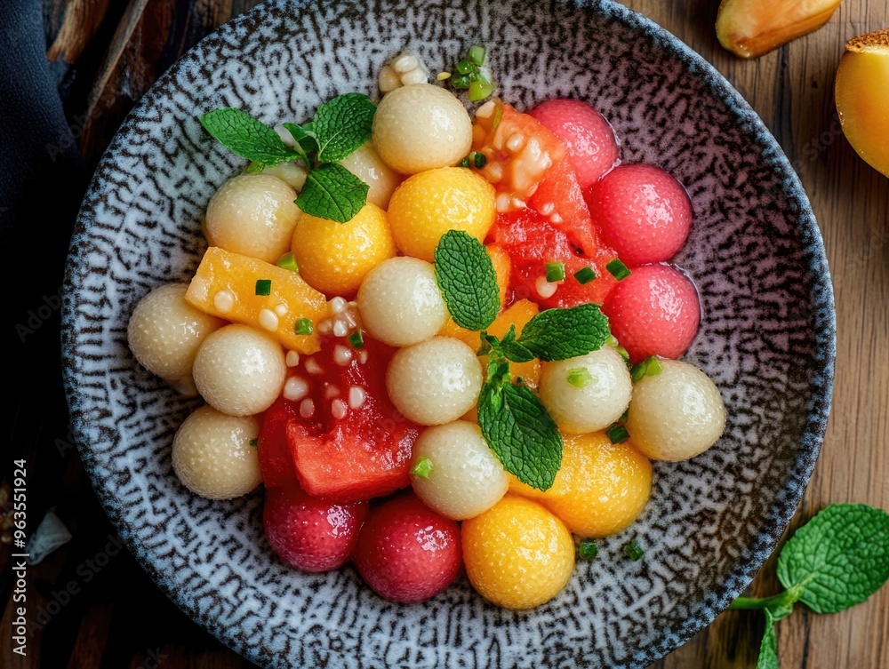 A bowl of fruit salad with a green garnish. The bowl is filled with a variety of fruits including watermelon, cantaloupe, and oranges. The fruit is arranged in a visually appealing manner A bowl of fruit salad with a green garnish. The bowl is filled with a variety of fruits including watermelon, cantaloupe, and oranges. The fruit is arranged in a visually appealing manner