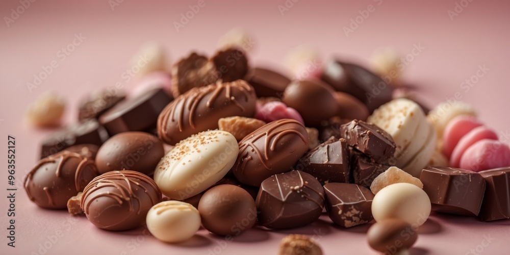 A variety of gourmet chocolates and sweets arranged on a pastel pink background. A variety of gourmet chocolates and sweets arranged on a pastel pink background.