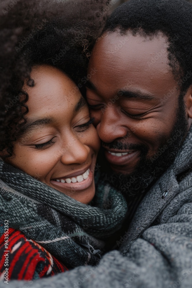 A man and a woman are hugging each other, both smiling. The man has a beard and the woman has curly hair. Scene is happy and affectionate