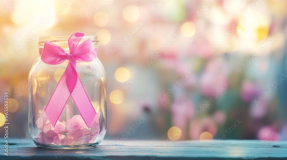 Glass Jar with Pink Ribbon and Flowers Against Blurred Bokeh Background Glass Jar with Pink Ribbon and Flowers Against Blurred Bokeh Background