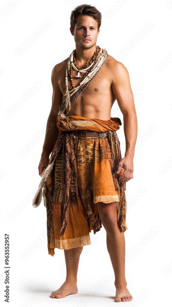 A model is elegantly showcasing the intricate beauty of traditional Australian clothing A model is elegantly showcasing the intricate beauty of traditional Australian clothing
