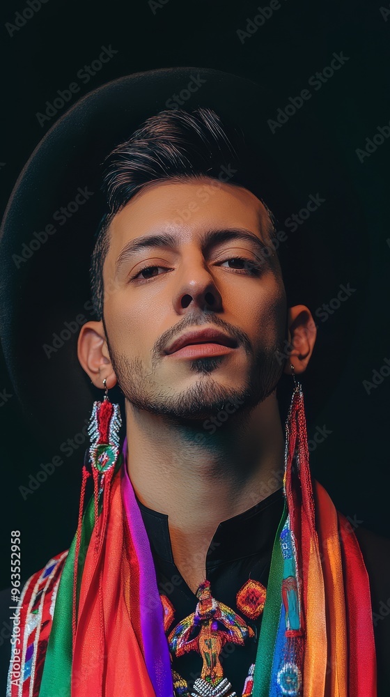 Fototapeta premium A model proudly displays intricate Argentina traditional attire with colorful accessories