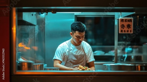 A Man in a Striped Apron Holds a Plate of Food Through a Window photo