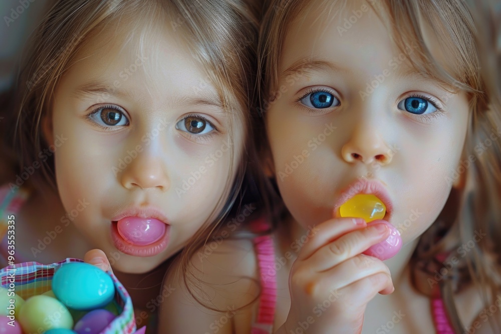 Two young girls are eating jelly beans and holding eggs in their hands. Scene is lighthearted and playful, as the girls are enjoying a fun activity together Two young girls are eating jelly beans and holding eggs in their hands. Scene is lighthearted and playful, as the girls are enjoying a fun activity together