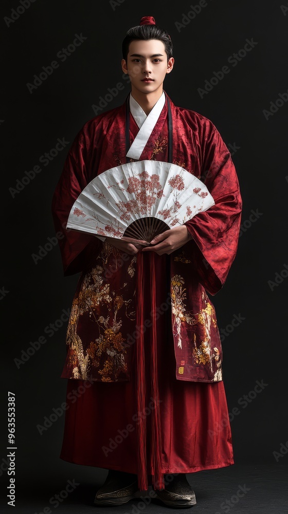 A stylish man dons elegant traditional Chinese attire gracefully presenting a decorative fan