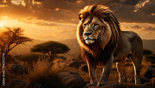 Magnificent lion standing proudly in the African savanna at sunset, with a dramatic sky and acacia trees in the background. Embodies the wild and regal nature of lions.. AI Generation