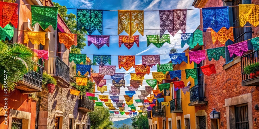 Obraz premium Colorful mexican papel picado flags hanging in the streets of San Miguel de Allende, Mexico