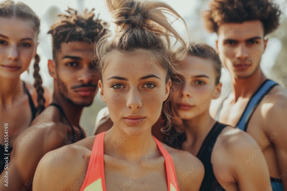 A group of people are standing together, one of them is a woman with a ponytail and a red tank top A group of people are standing together, one of them is a woman with a ponytail and a red tank top