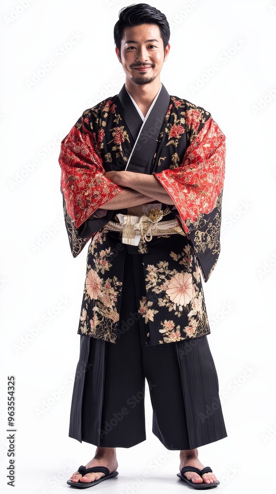 A model poses confidently in vibrant traditional Japanese attire embodying culture