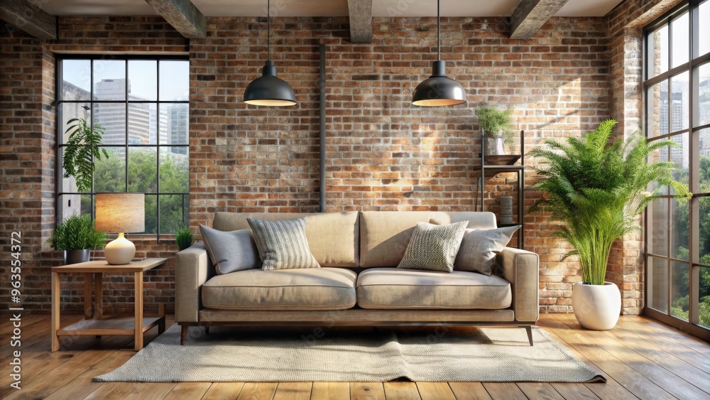 Cozy sofa placed in a modern loft interior, perfect for relaxing and drawing inspiration