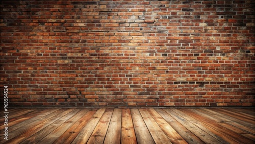 Empty grungy room with red brick wall and wooden floor in rendering