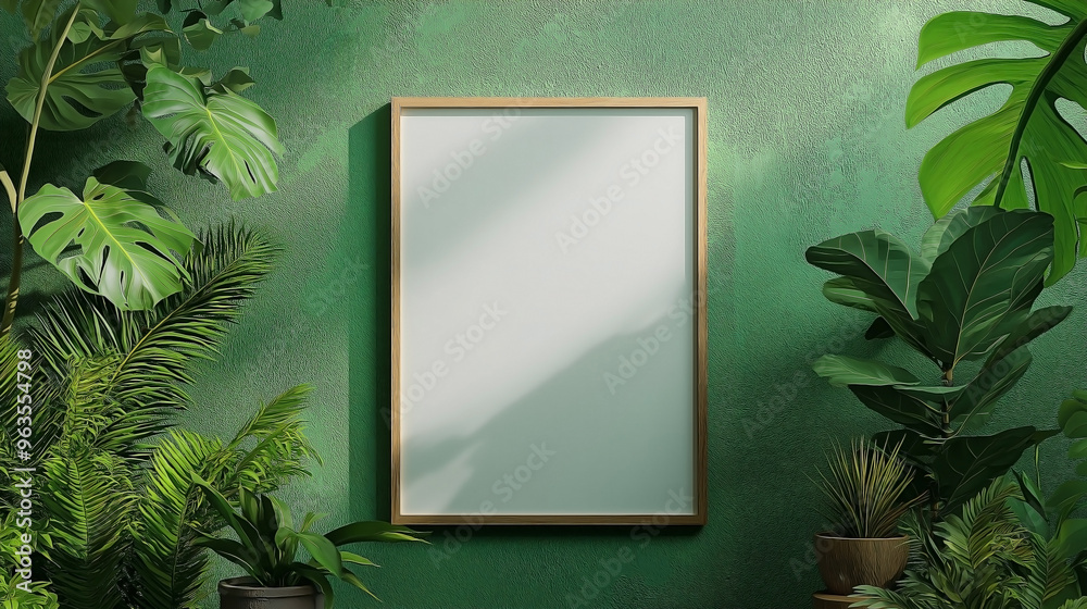 Mockup poster frame on a fresh green wall, surrounded by lush plants Mockup poster frame on a fresh green wall, surrounded by lush plants