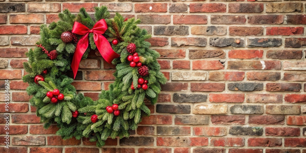 Christmas wreath hanging on rustic brick wall background Christmas wreath hanging on rustic brick wall background