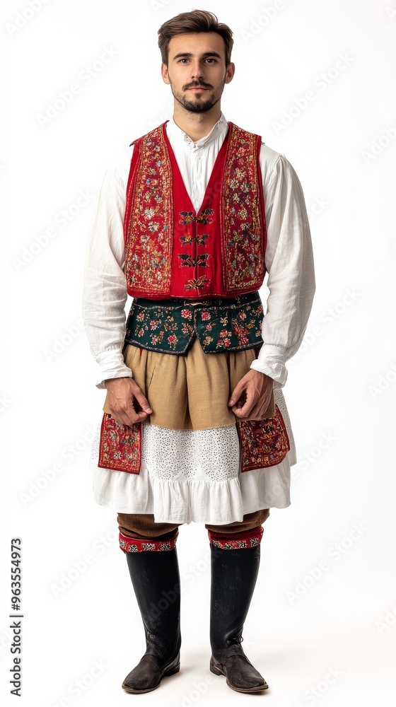 The model showcases vibrant Polish clothing with intricate designs beautifully The model showcases vibrant Polish clothing with intricate designs beautifully