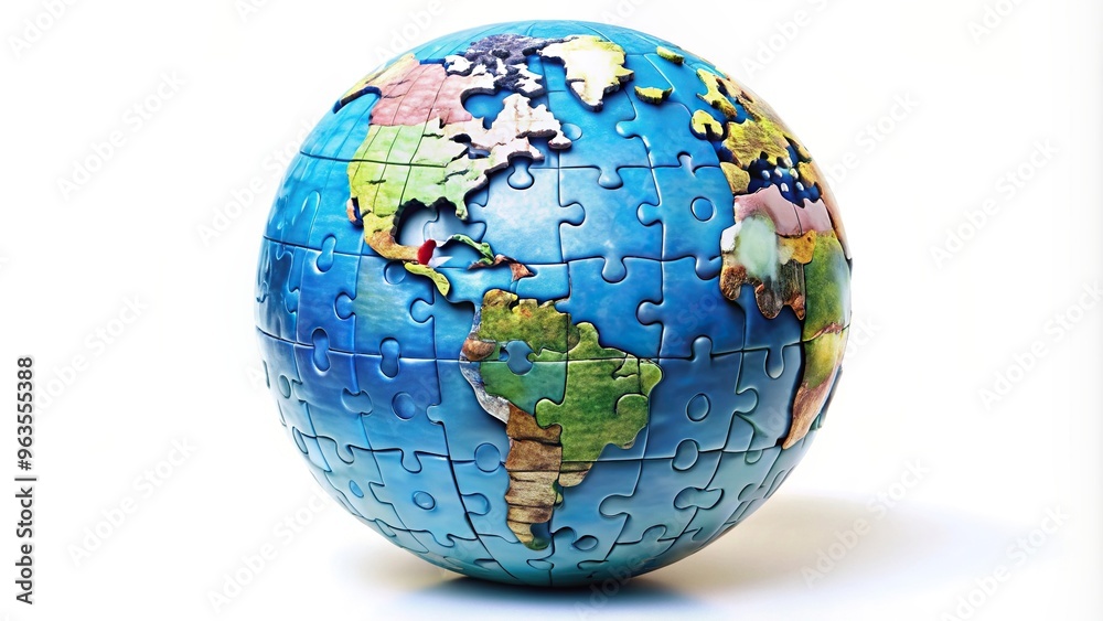 Puzzle globe with interconnected pieces isolated on a white background viewed from a low angle perspective, discovery, critical thinking, low angle, geography, intelligence Puzzle globe with interconnected pieces isolated on a white background viewed from a low angle perspective, discovery, critical thinking, low angle, geography, intelligence