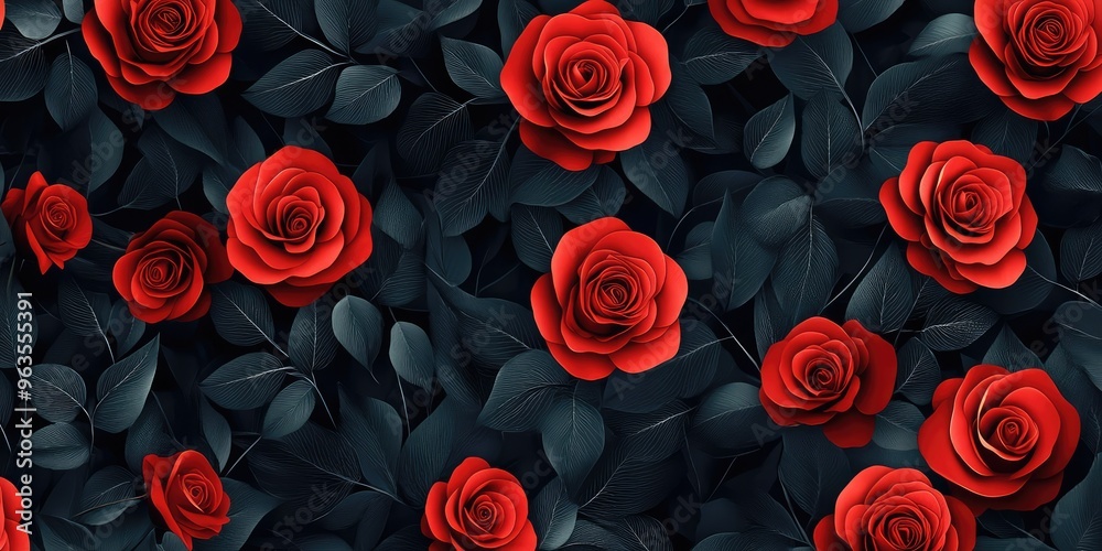 Red Roses and Black Leaves Pattern Background. AI generated illustration Red Roses and Black Leaves Pattern Background. AI generated illustration